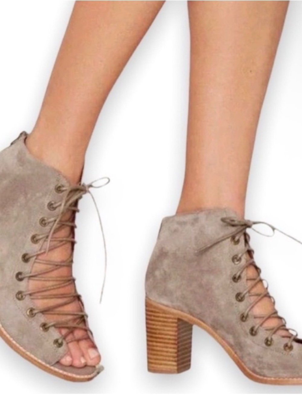 Jeffrey Campbell Taupe Lace-Up Peep Toe Block Heel Ankle Booties
